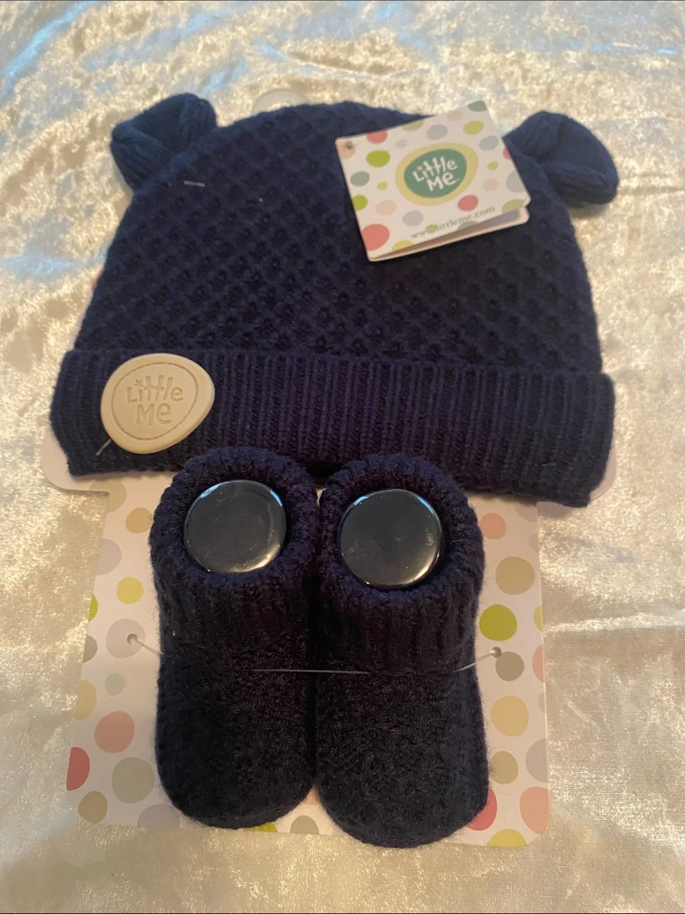 Little Me Navy Knit Hat with Ear Details and Matching Booties